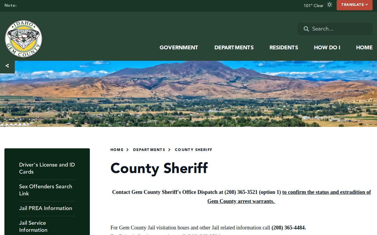 Gem County Sheriff page with jail and Records contact information