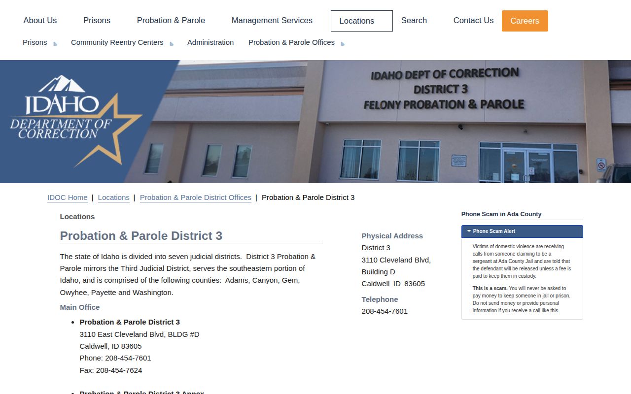 IDOC District 3 page listing Gem County coverage and the Emmett office